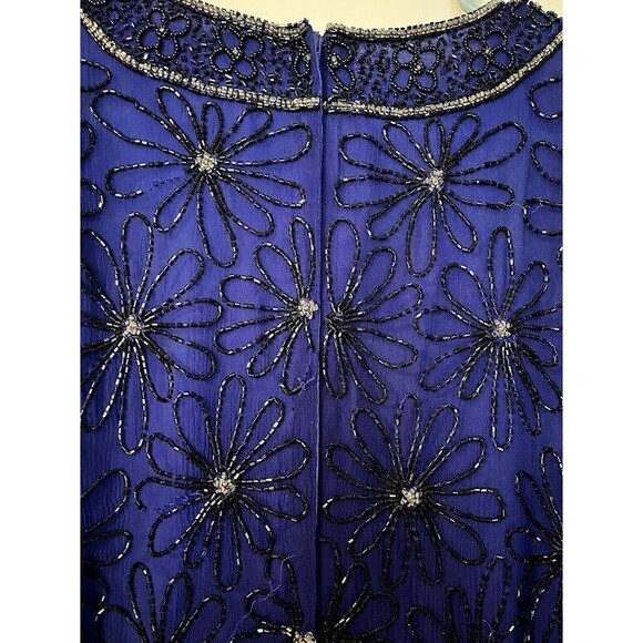 Vtg Adrianna Papell Silk Beaded Top L Royal Blue Silver Black Floral Gatsby Glam - Picture 8 of 9